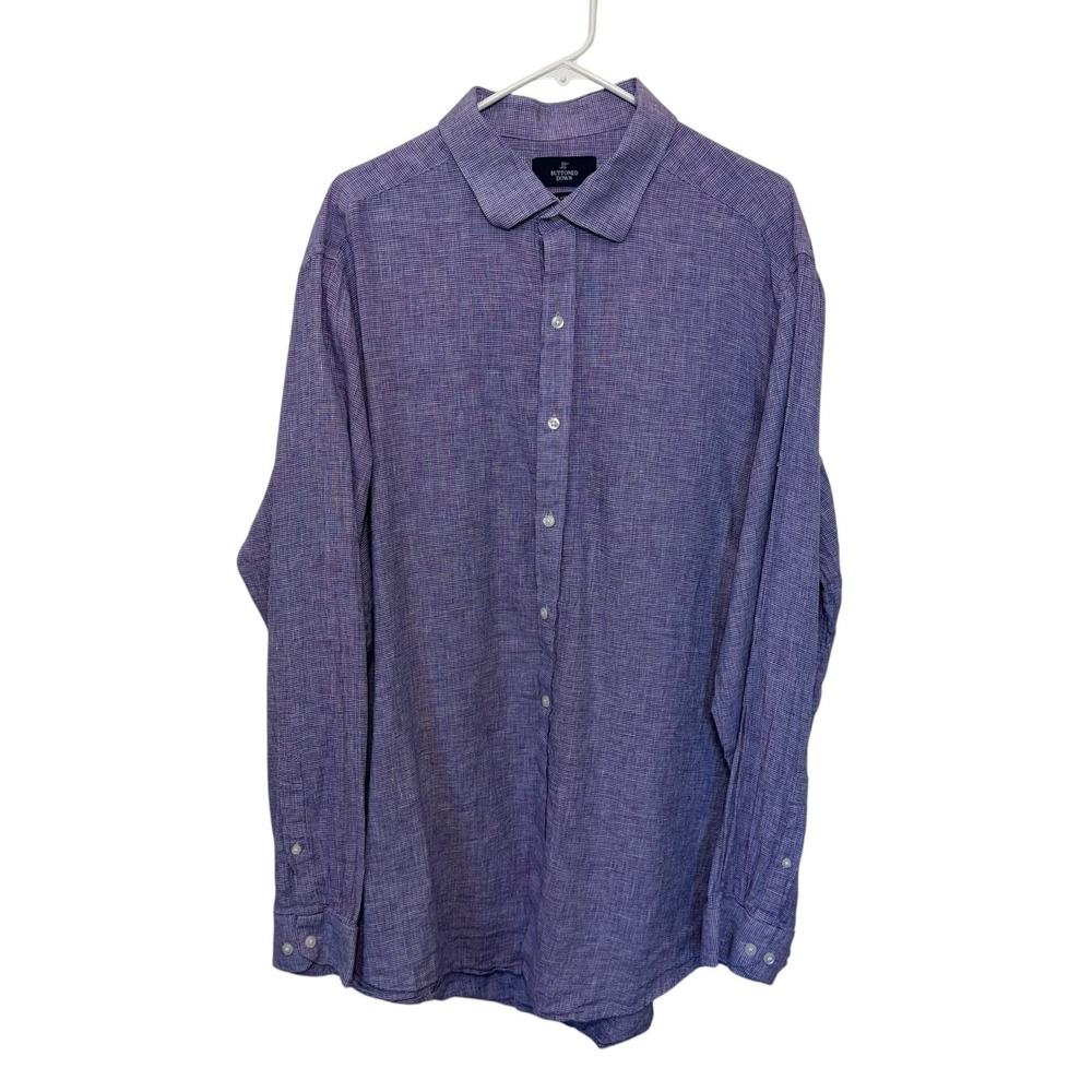 Buttoned Down Purple Gingham Linen Blend Taylored Shirt, XXL